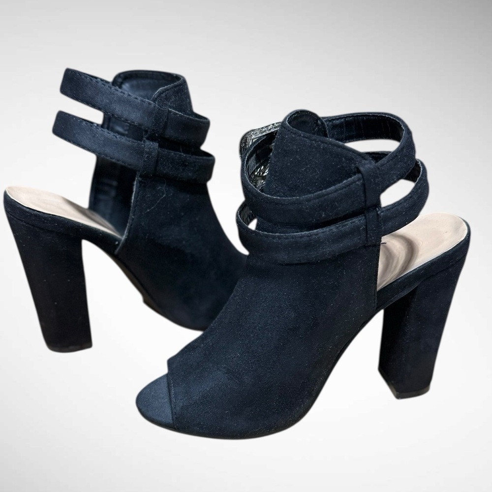 Black Faux Suede Peep Toe Block Heel Boots with buckle detailing Size 6 - Picture 13 of 15